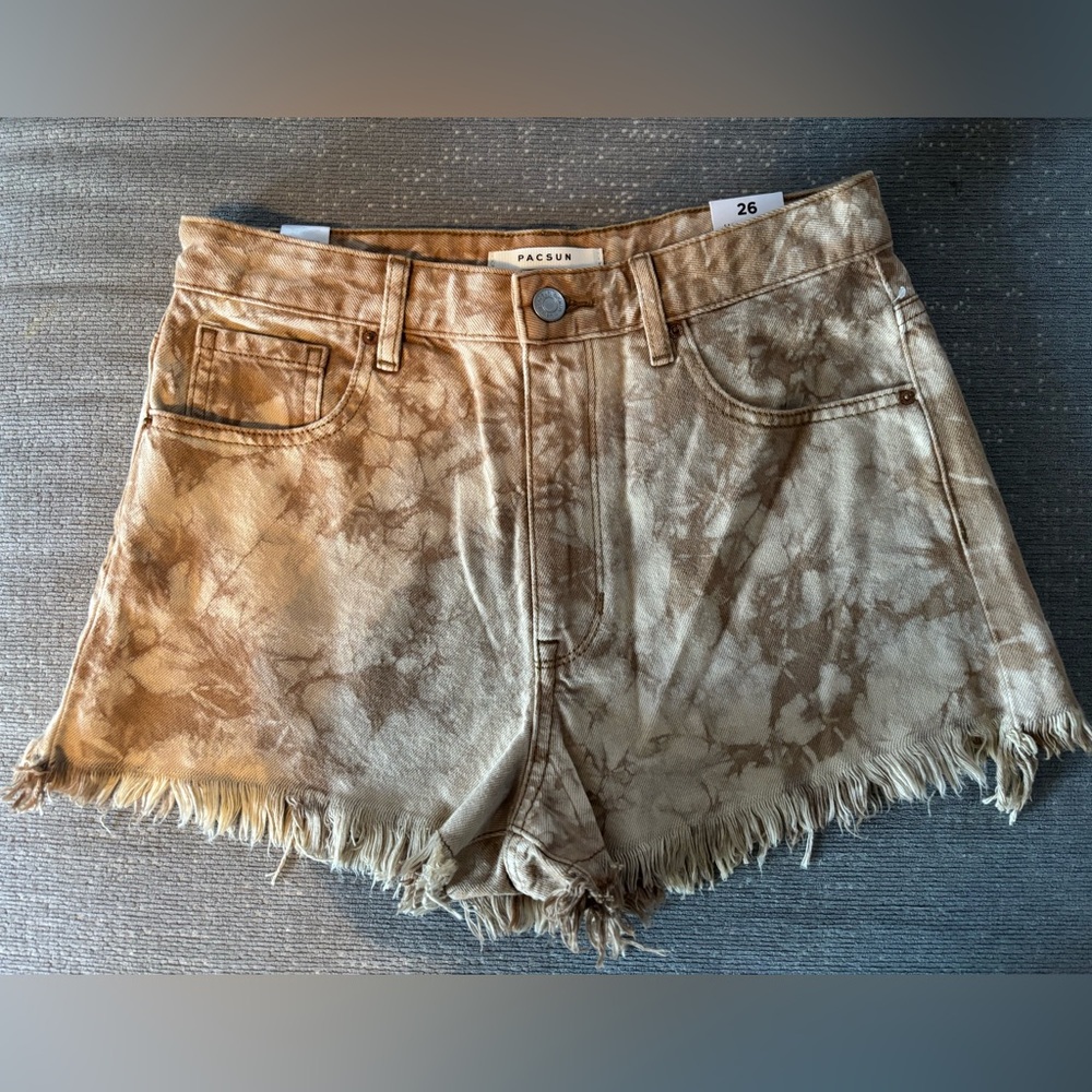 PacSun Sand Tie Dye High Waisted Frayed Denim Festival Shorts Beige Tan 26